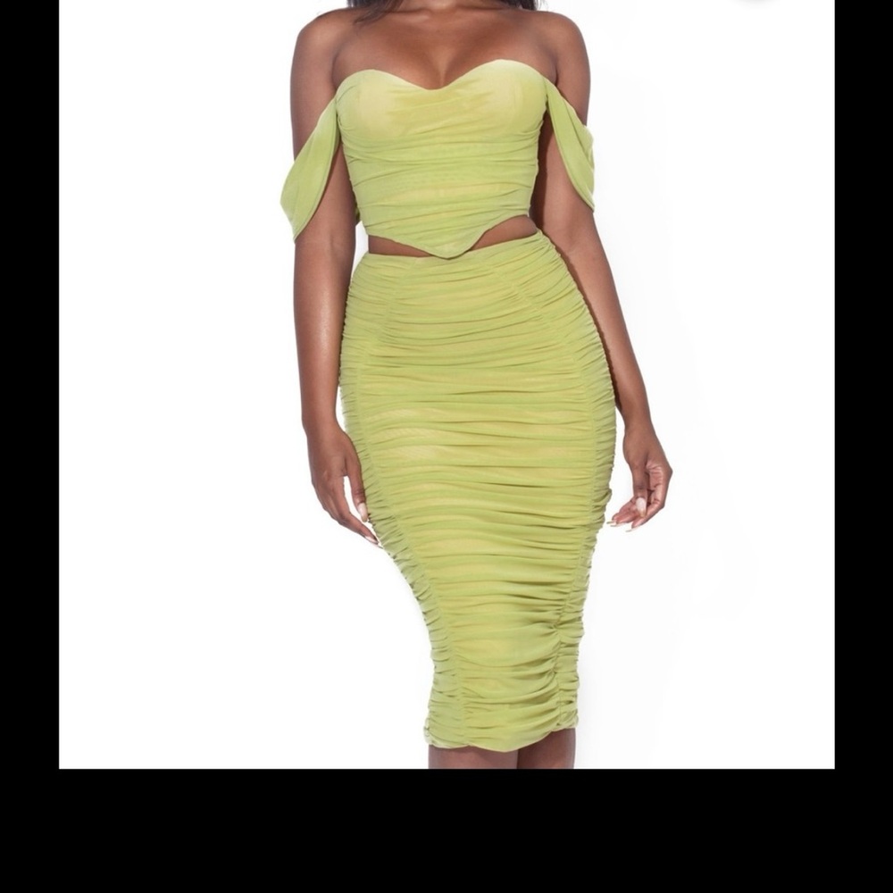Lime Green Ruched Pencil Midi Dress for Night Out